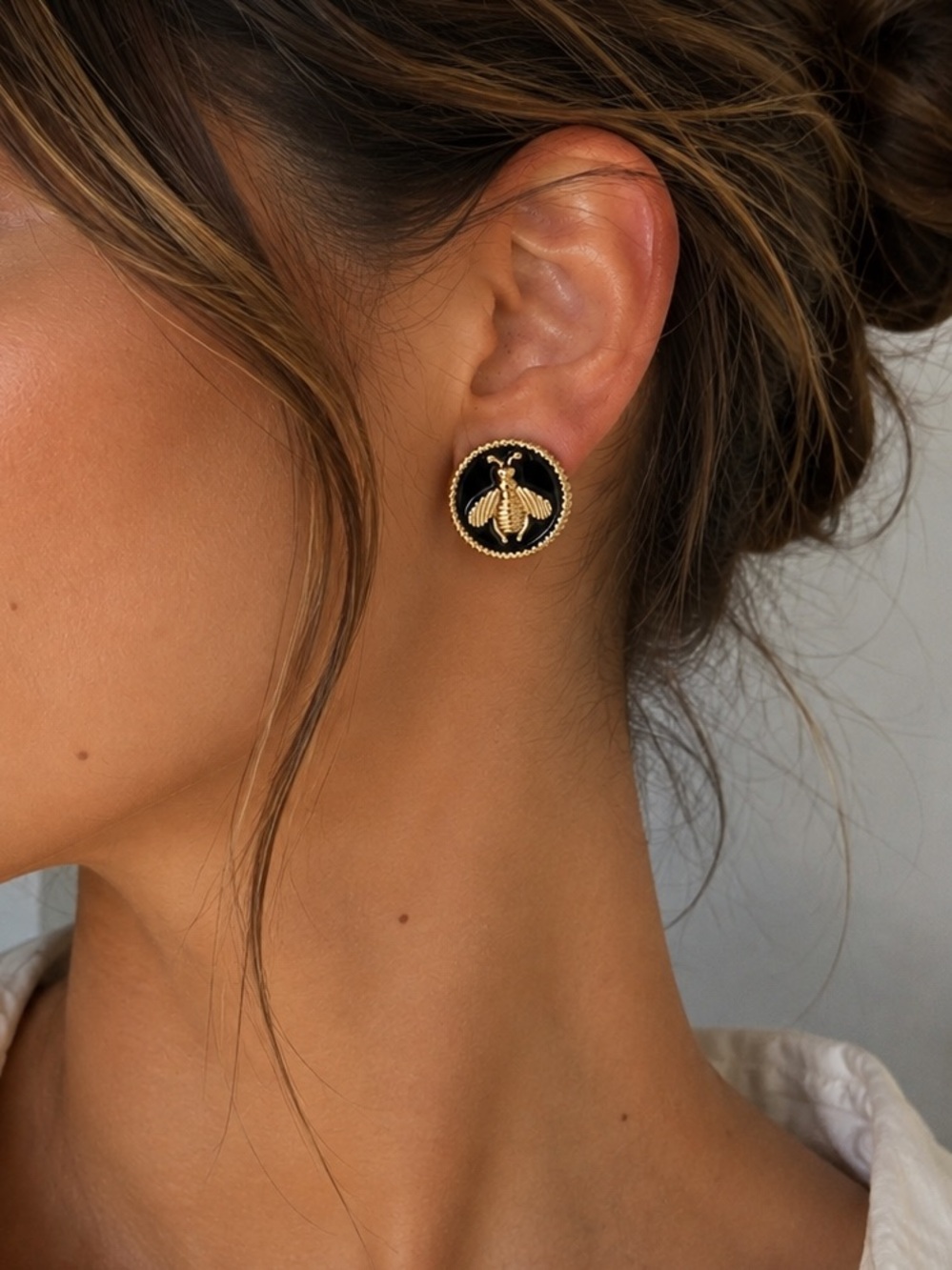 18K Gold Plated Black Enamel Button Bee Stud Earrings